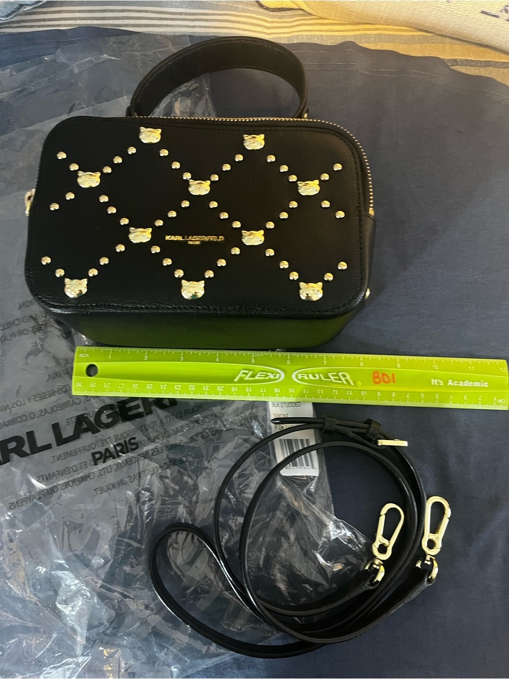 Karl Lagerfeld Black Mini Camera Bag with Gold Studded Cat Motif
